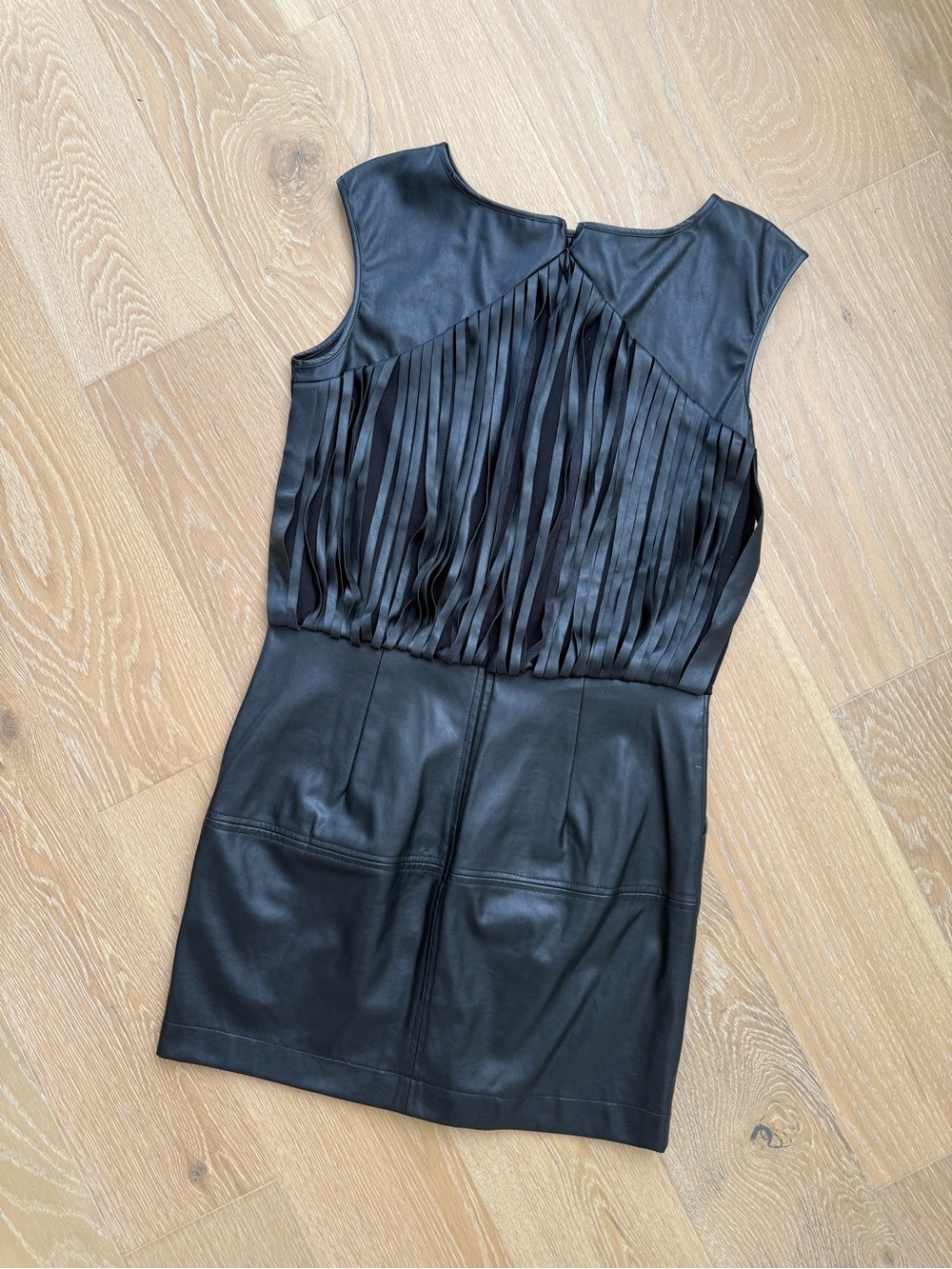 Gabrielle Union Black Sleeveless Faux Leather Fringe Mini Dress